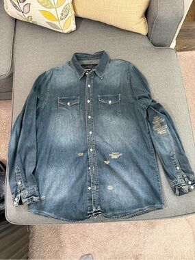 Denim Distressed Button-Down Shirt - Blue